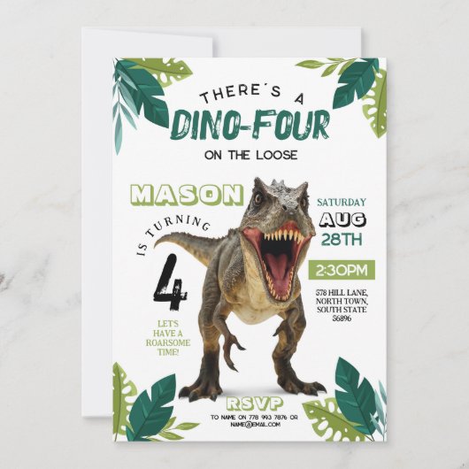 Dino Vier Verjaardag Dinosaurus Roar T-Rex 4e Kaart (Voorkant)