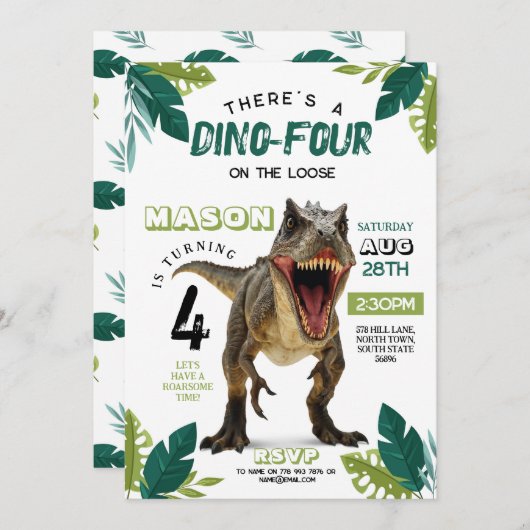 Dino Vier Verjaardag Dinosaurus Roar T-Rex 4e Kaart (Voorkant / Achterkant)