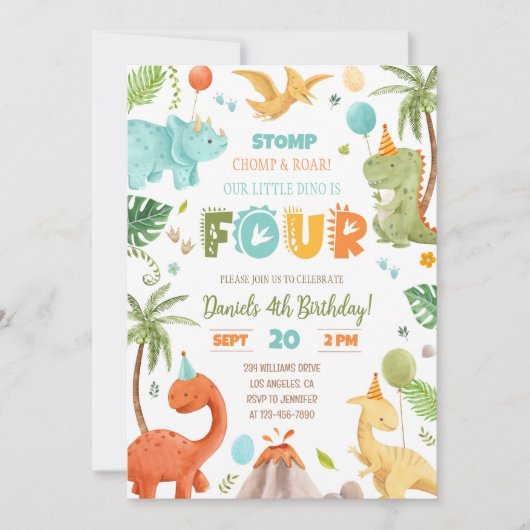 Dino Vier Vierde Verjaardag Party 4e Verjaardag TR Kaart (Voorkant)