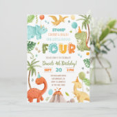 Dino Vier Vierde Verjaardag Party 4e Verjaardag TR Kaart (Staand voorkant)