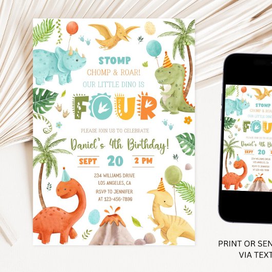 Dino Vier Vierde Verjaardag Party 4e Verjaardag TR Kaart