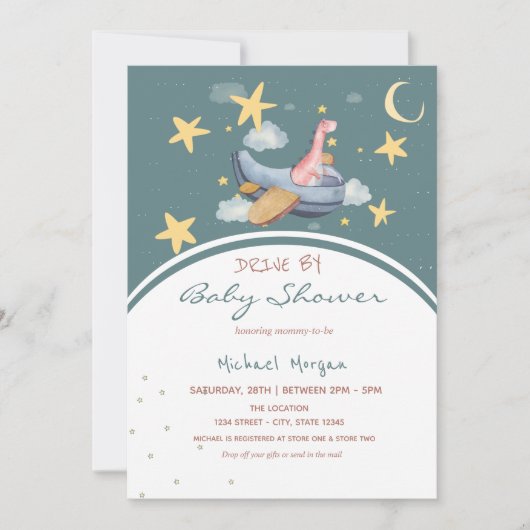 Dino-vliegtuig ruimtesterren rijden op Baby shower Kaart (Voorkant)