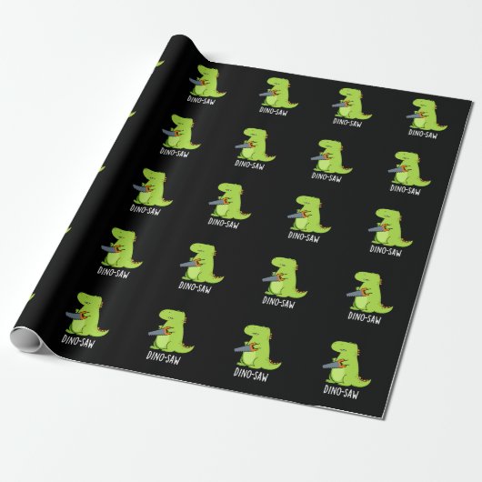 Dino-zaag Funny Dinosaur Tool Pun Dark BG Cadeaupapier (Uitgerold)