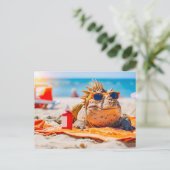 Dino Zonnebaden op het strand Feestdagenkaart (Staand voorkant)