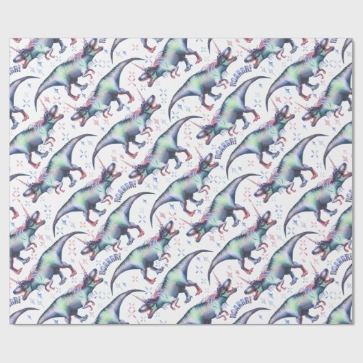 dinocorinepatroon | Kleurrijke Dinosaurus Eenhoorn Cadeaupapier (Vlak)