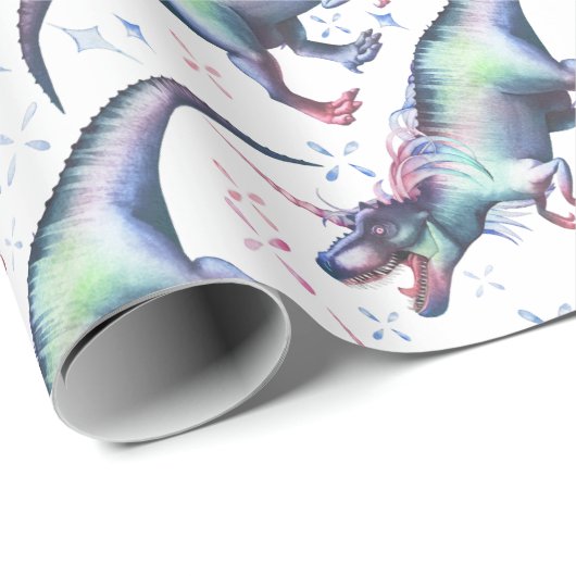 dinocorinepatroon | Kleurrijke Dinosaurus Eenhoorn Cadeaupapier (Rol Hoek)