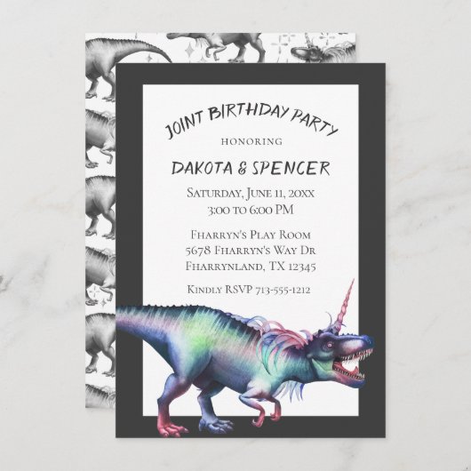 Dinocorn Joint Birthday Party | Unicorn Dinosaur Kaart (Voorkant / Achterkant)