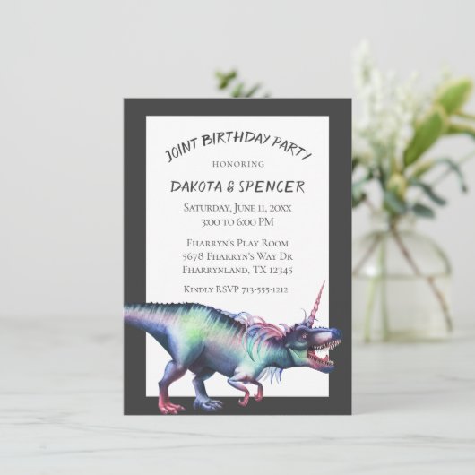 Dinocorn Joint Birthday Party | Unicorn Dinosaur Kaart (Staand voorkant)