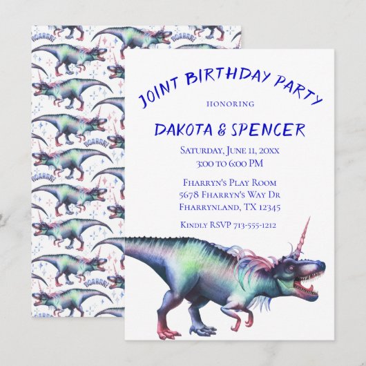 Dinocorn Joint Birthday Party | Unicorn Dinosaur Kaart (Voorkant / Achterkant)