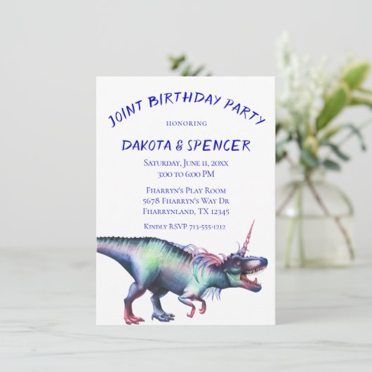 Dinocorn Joint Birthday Party | Unicorn Dinosaur Kaart (Staand voorkant)
