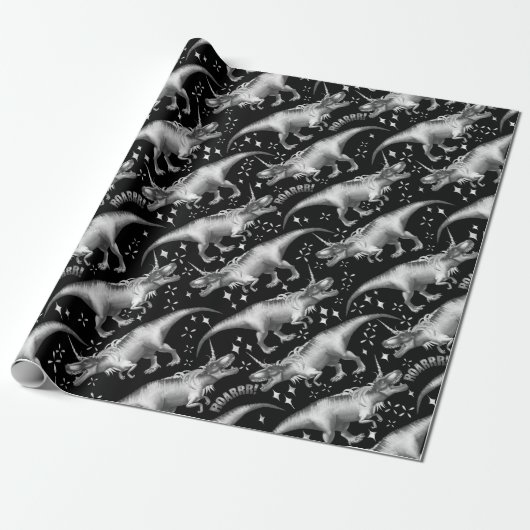 Dinocorn Silver Pattern | Fantasy Black en White Cadeaupapier (Uitgerold)