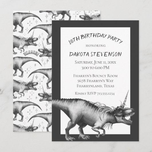 Dinocorn Silver | Unicorn Dinosaur Birthday Party Kaart (Voorkant / Achterkant)