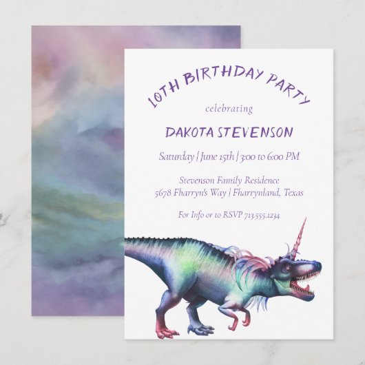 Dinocorn-Waterverf | Unicorn Dinosaur Birthday Kaart (Voorkant / Achterkant)