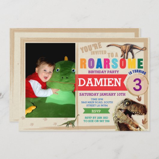 Dinodaur Verjaardag Uitnodiging Dino Trex Uitnodig (Voorkant / Achterkant)