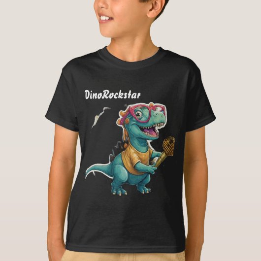 DinoRockstar dinosaurus met glazen en gouden micro T-shirt (Voorkant)