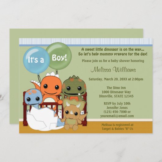 Dinos DINOSAUR Baby shower-uitnodiging DAPC Kaart (Voorkant / Achterkant)