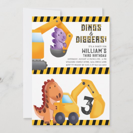 Dino's en Diggers verjaardagsfeestje uitnodiging (Voorkant)