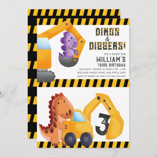 Dino's en Diggers verjaardagsfeestje uitnodiging (Voorkant / Achterkant)