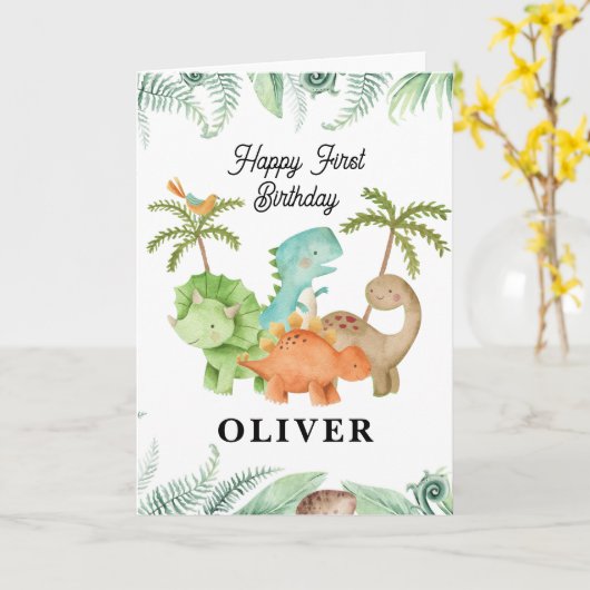 Dino's Happy 1e Verjaardag Wenskaart Kaart (Gele Bloem)