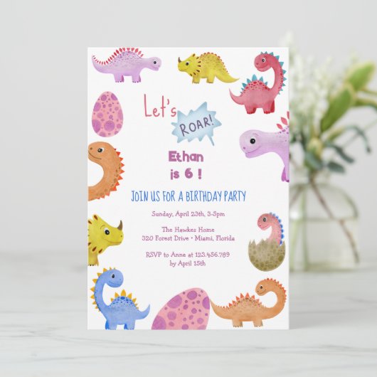 Dinos, laten we een uitnodiging voor de verjaardag (Staand voorkant)