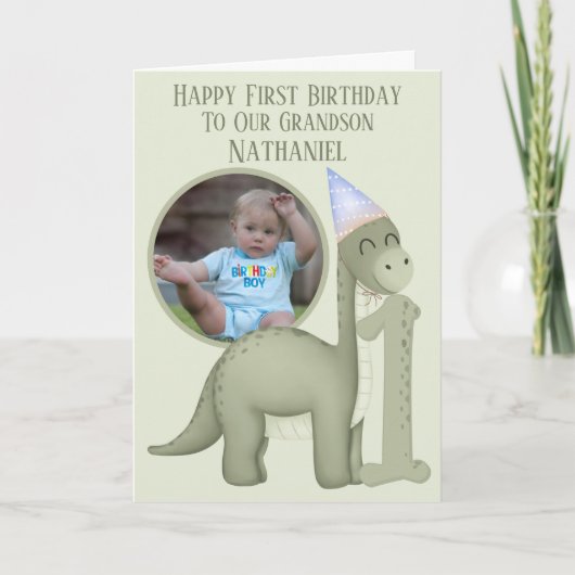 Dinosaur 1 Photo Aperture First Birthday Card Kaart (Voorkant)