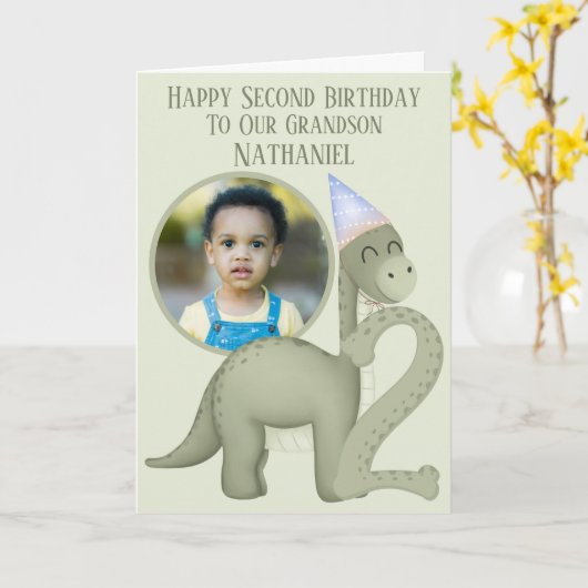 Dinosaur 1 Photo Aperture Second Birthday Card Kaart (Gele Bloem)