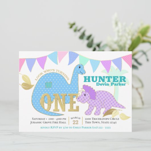 Dinosaur 1e verjaardag kaart (Staand voorkant)