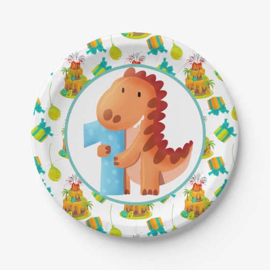 Dinosaur 1e verjaardag papieren bordje (Voorkant)