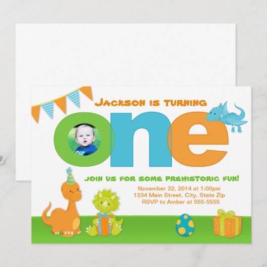 Dinosaur 1e verjaardag uitnodiging 5x7 fotokaart (Voorkant / Achterkant)