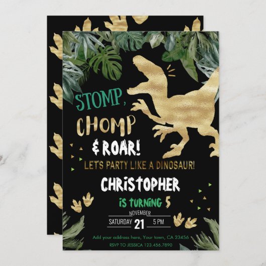 Dinosaur 1e verjaardag Uitnodigingen Roar Dino Par (Voorkant / Achterkant)