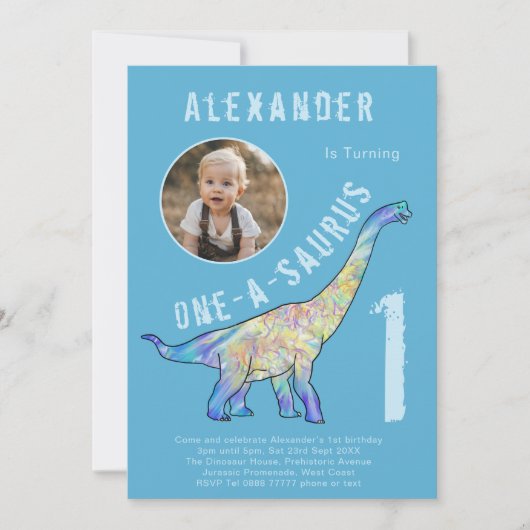 Dinosaur 1e verjaardagsfeest blauw kaart (Voorkant)