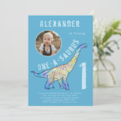 Dinosaur 1e verjaardagsfeest blauw kaart (Staand voorkant)