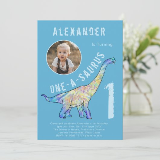 Dinosaur 1e verjaardagsfeest blauw kaart (Staand voorkant)