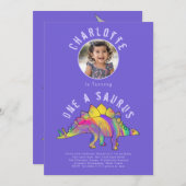 Dinosaur 1e Verjaardagsfeest Paarse Kaart (Voorkant / Achterkant)