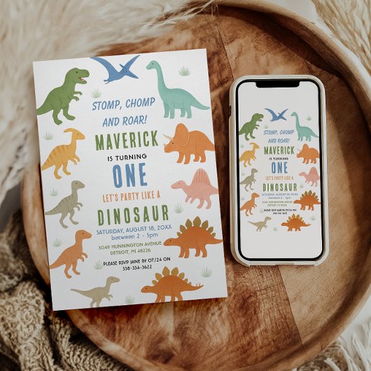 Dinosaur 1e verjaardagsfeestje | Schattig Prehisto Kaart