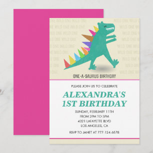 Dinosaur 1e verjaardagsuitnodigingen Meisje roze Kaart