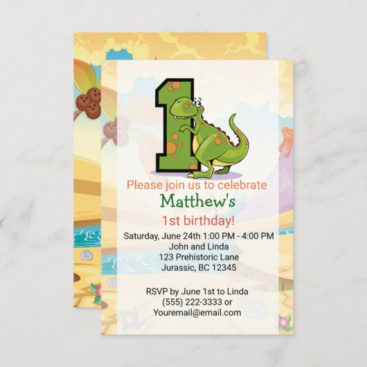 Dinosaur 1st Birthday Custom Kaart (Voorkant / Achterkant)