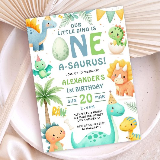 Dinosaur 1st Birthday Cute Dino Party Invitation  Kaart