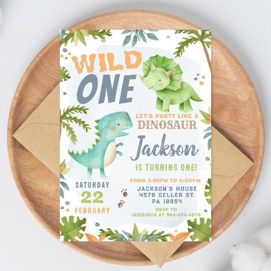 Dinosaur 1st Birthday Invitation Dino Theme Party Kaart