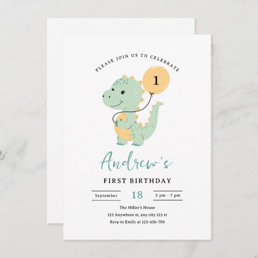 Dinosaur 1st Birthday Invitation, Minimalist T rex Kaart (Voorkant / Achterkant)