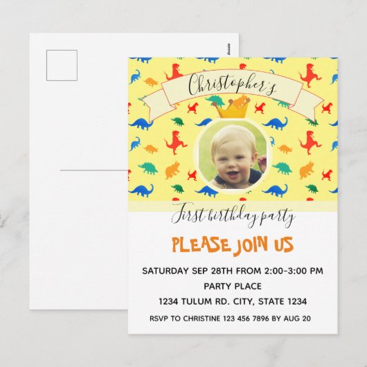Dinosaur 1st Birthday kleurige babyjongetfoto Feestdagenkaart (Voorkant / Achterkant)