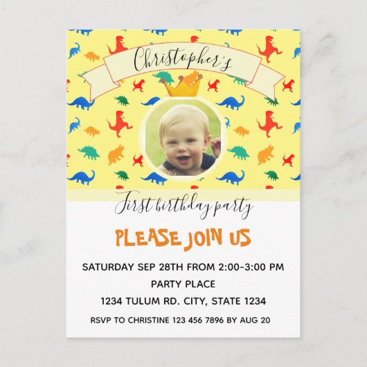 Dinosaur 1st Birthday kleurige babyjongetfoto Feestdagenkaart (Voorkant)