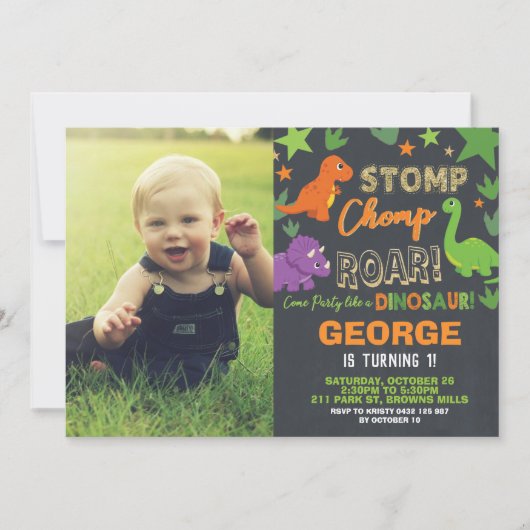 Dinosaur 1st Birthday Party Boy Stomp Chomp Roar Kaart (Voorkant)