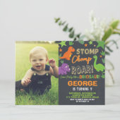 Dinosaur 1st Birthday Party Boy Stomp Chomp Roar Kaart (Staand voorkant)