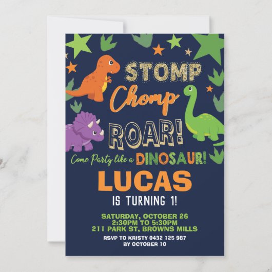Dinosaur 1st Birthday Party Boy Stomp Chomp Roar Kaart (Voorkant)