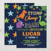 Dinosaur 1st Birthday Party Boy Stomp Chomp Roar Kaart (Voorkant / Achterkant)