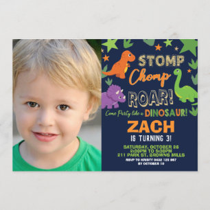 Dinosaur 1st Birthday Party Boy Stomp Chomp Roar Kaart