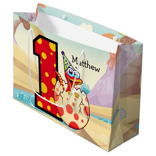 Dinosaur 1st Birthday Party Custom Groot Cadeauzakje (Voorkant Gekanteld)