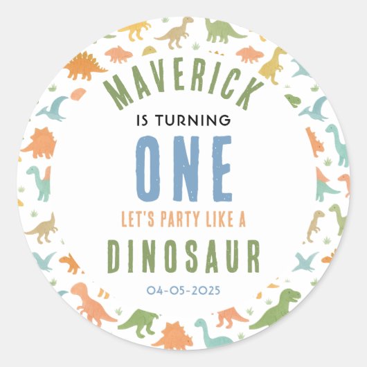Dinosaur 1st Birthday Party | Cute Prehistoric  Ronde Sticker (Voorkant)
