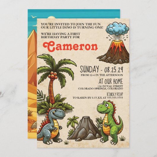 Dinosaur 1st Birthday Party Invitation Kaart (Voorkant / Achterkant)